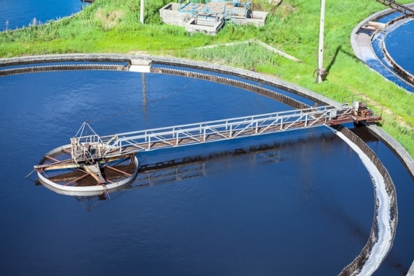 Primary sedimentation basin, sewage flowing through large tanks
